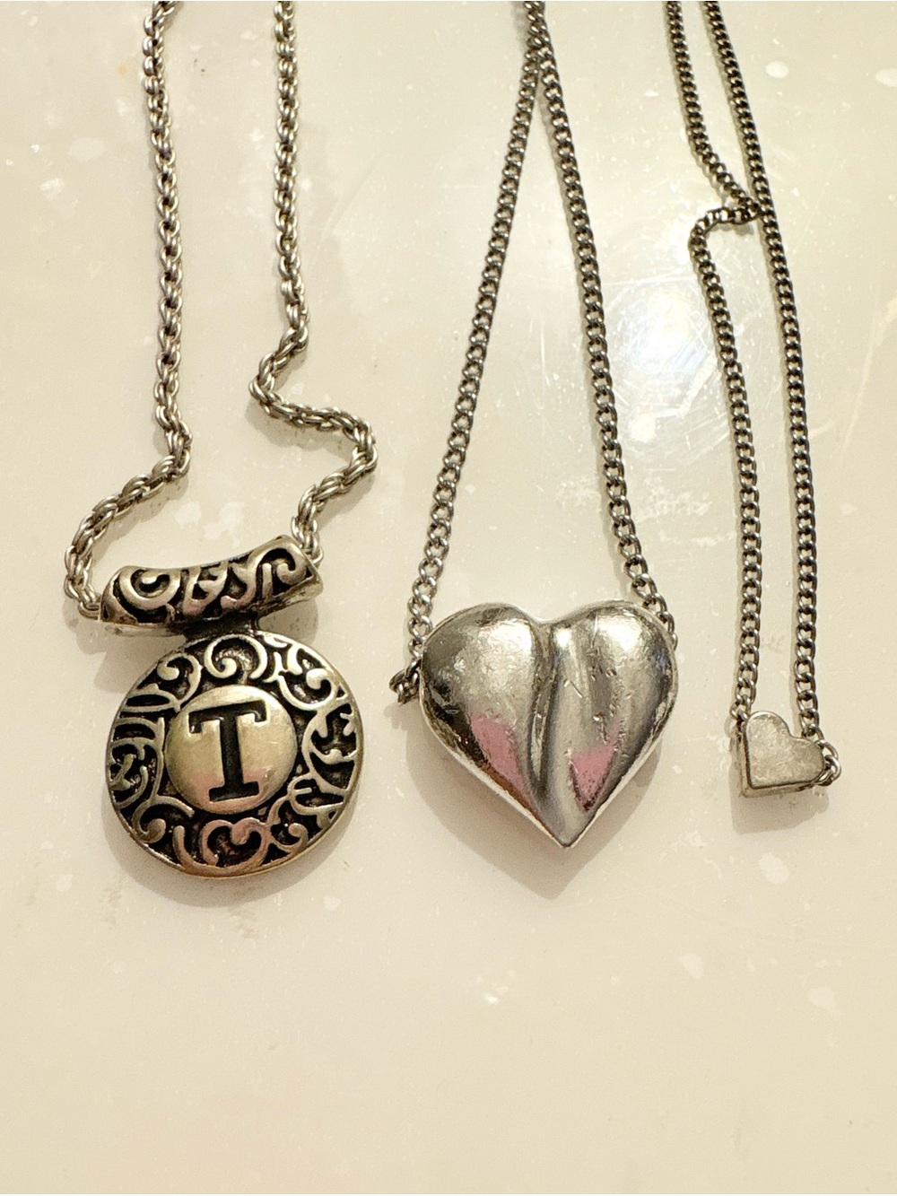 Lot of 3 Sterling Silver Heart and Initial Pendant Necklace - Silver
